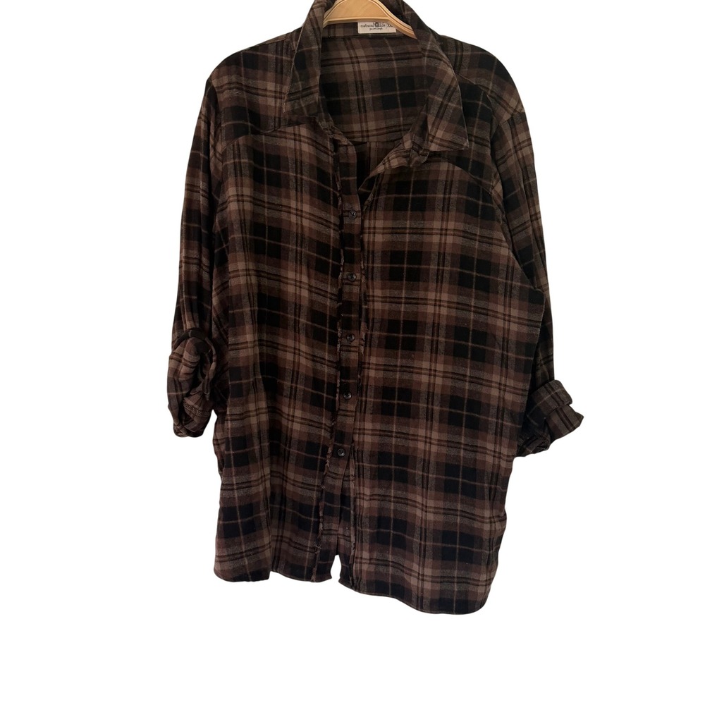 Natural Life Womens Cotton Blend Brown Plaid Live Happy Embroidered Shirt XXL